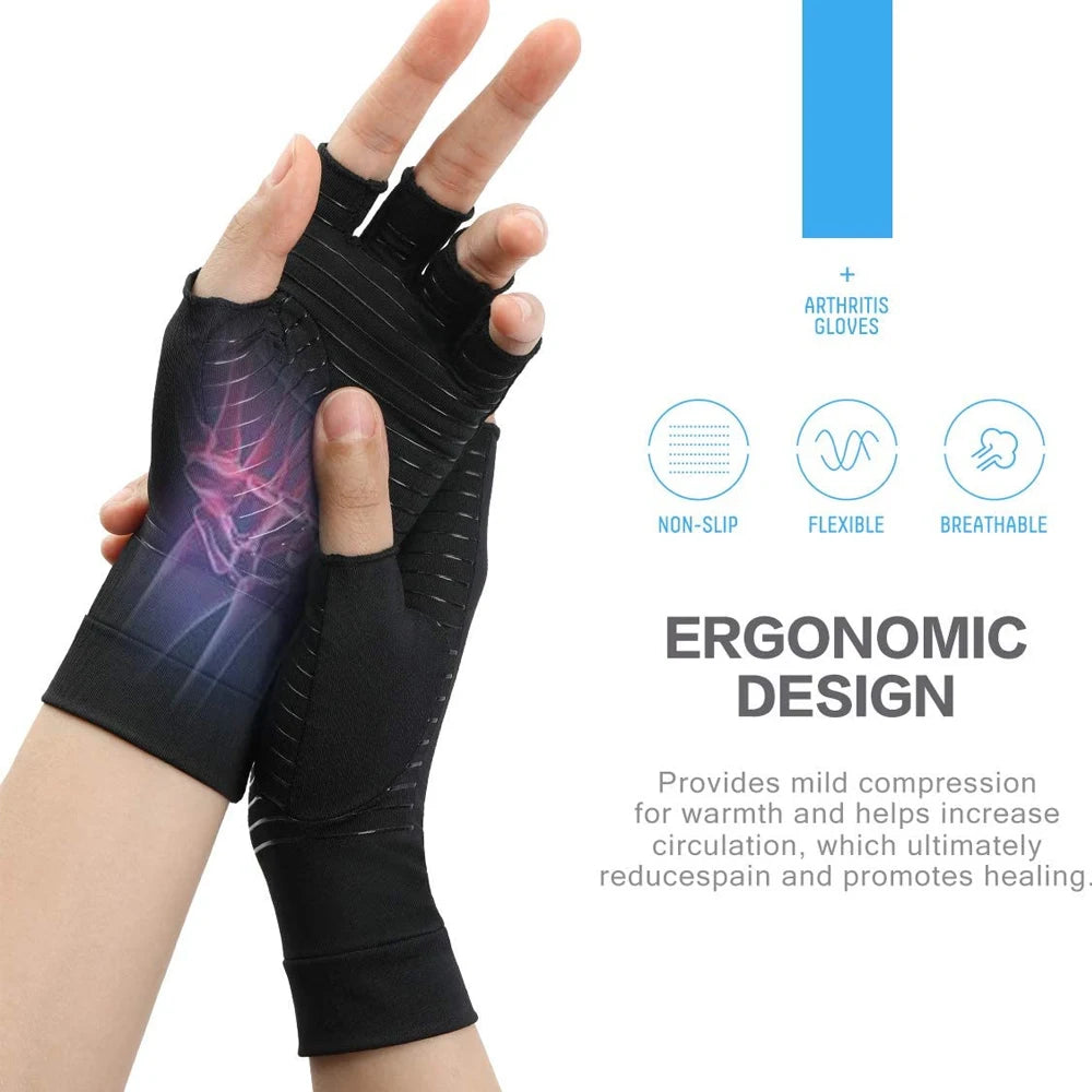 1Pair Copper Arthritis Compression Gloves,Relieve Hand Pain Swelling and Carpal Tunnel Fingerless for Typing, Support for Joints