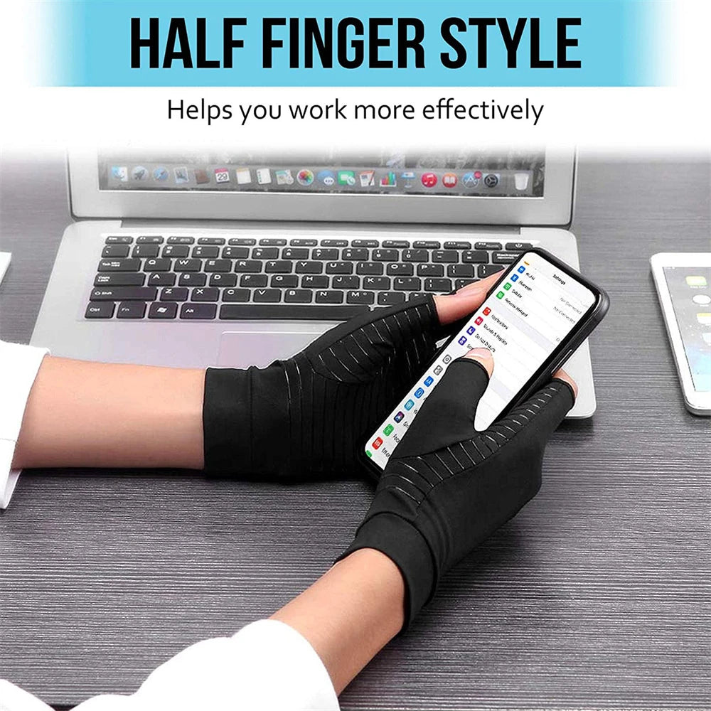 1Pair Copper Arthritis Compression Gloves,Relieve Hand Pain Swelling and Carpal Tunnel Fingerless for Typing, Support for Joints