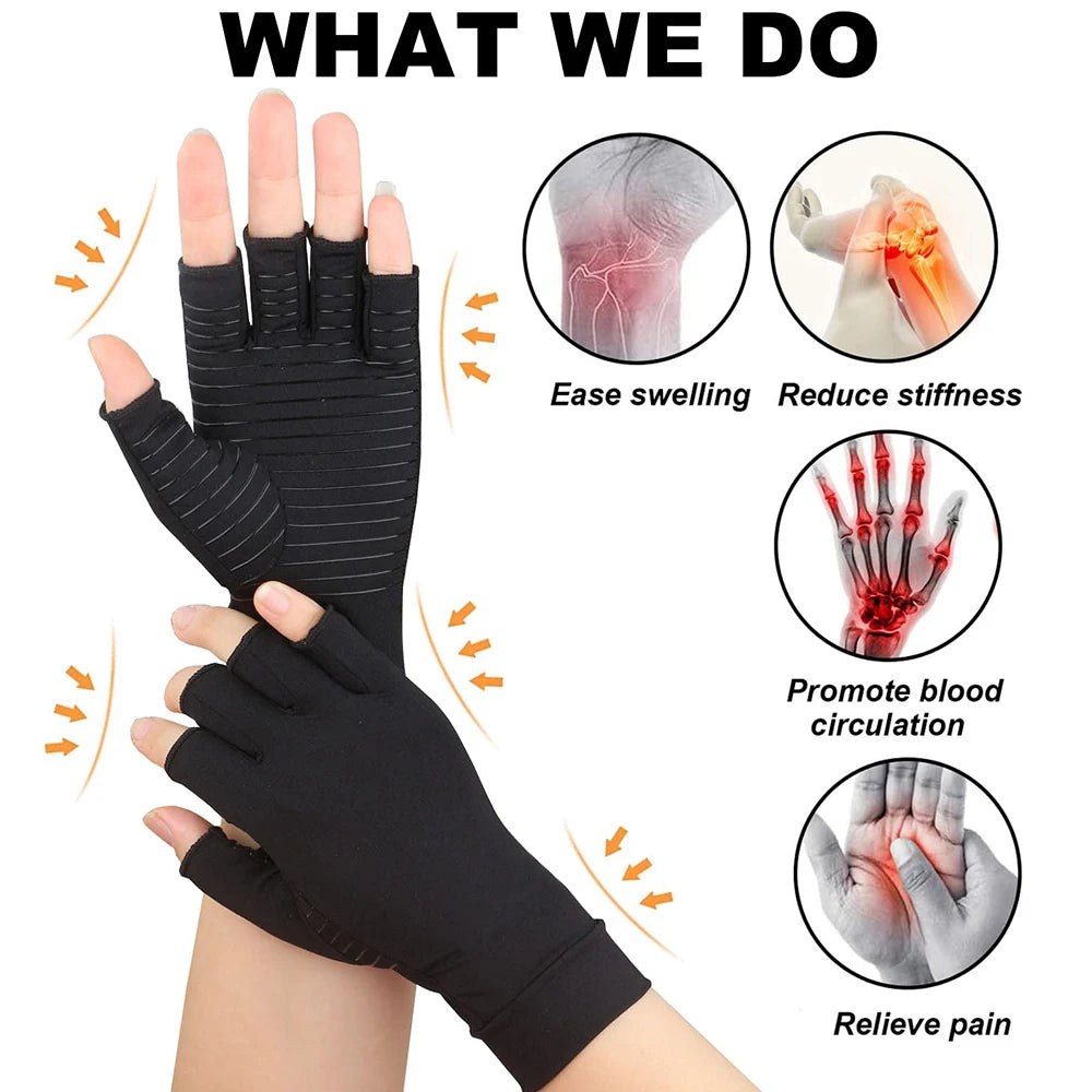 1Pair Copper Arthritis Compression Gloves,Relieve Hand Pain Swelling and Carpal Tunnel Fingerless for Typing, Support for Joints