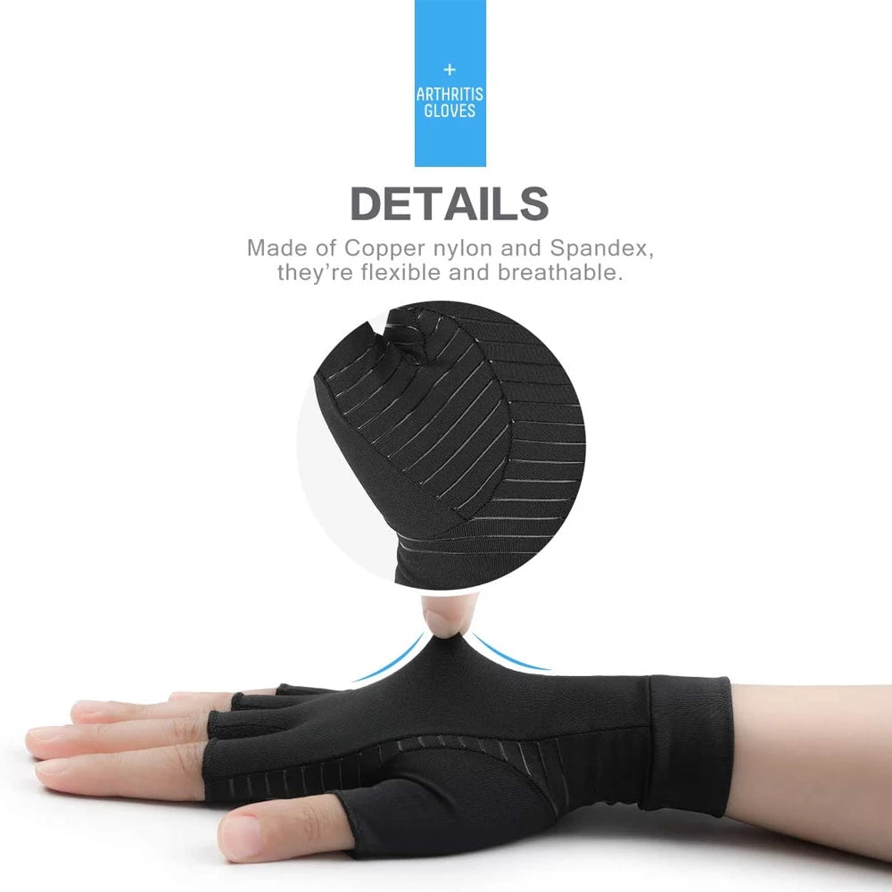 1Pair Copper Arthritis Compression Gloves,Relieve Hand Pain Swelling and Carpal Tunnel Fingerless for Typing, Support for Joints