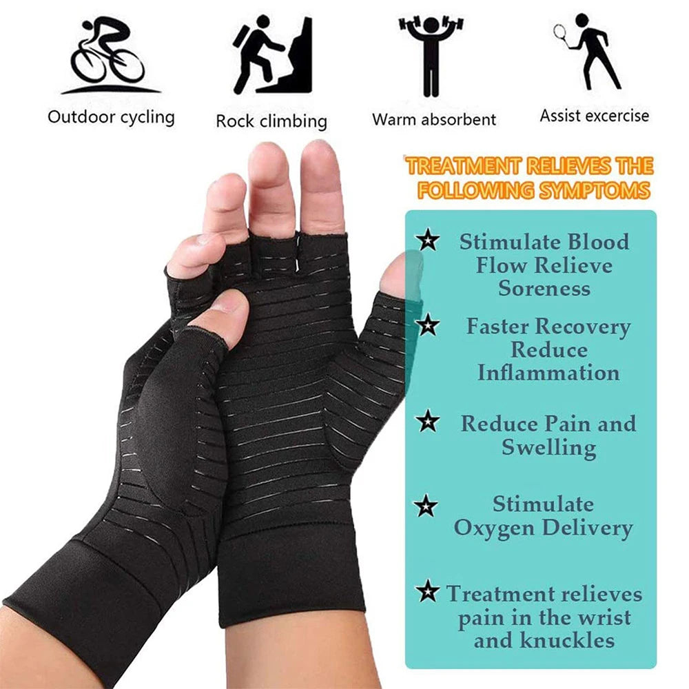 1Pair Copper Arthritis Compression Gloves,Relieve Hand Pain Swelling and Carpal Tunnel Fingerless for Typing, Support for Joints