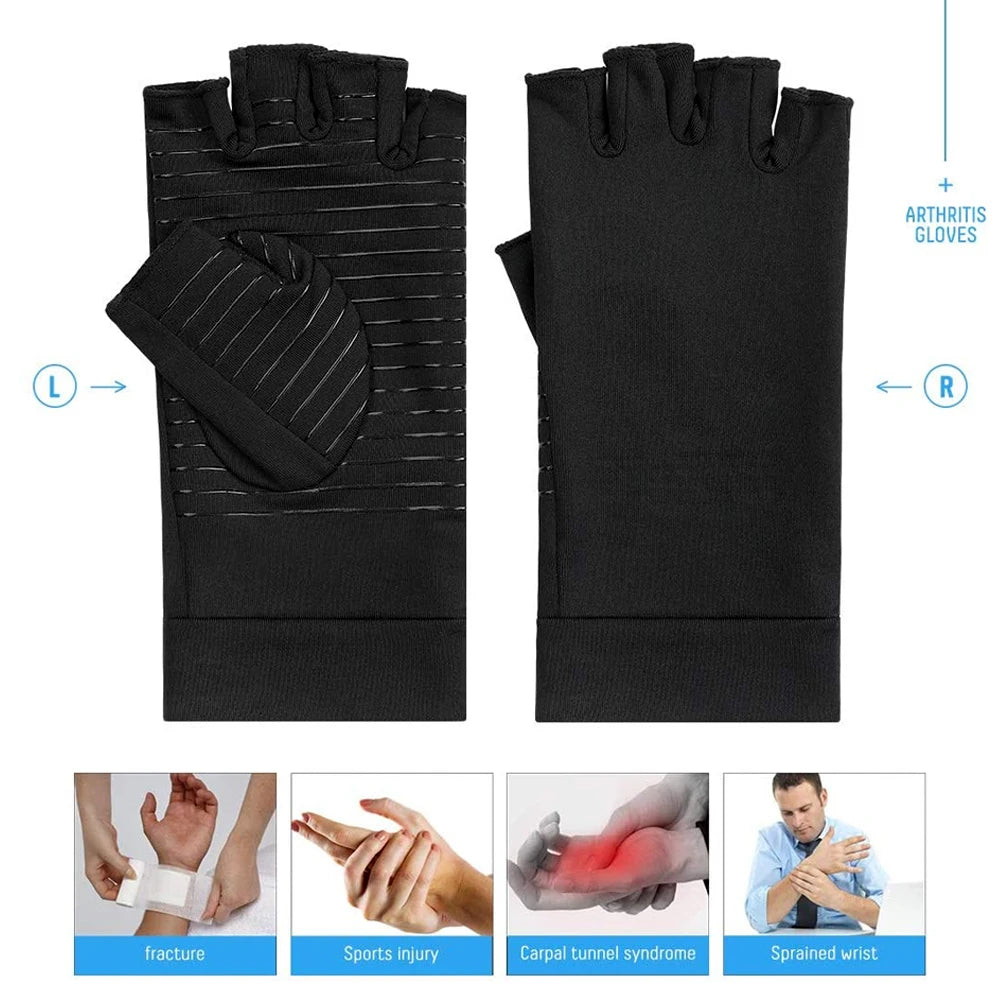 1Pair Copper Arthritis Compression Gloves,Relieve Hand Pain Swelling and Carpal Tunnel Fingerless for Typing, Support for Joints