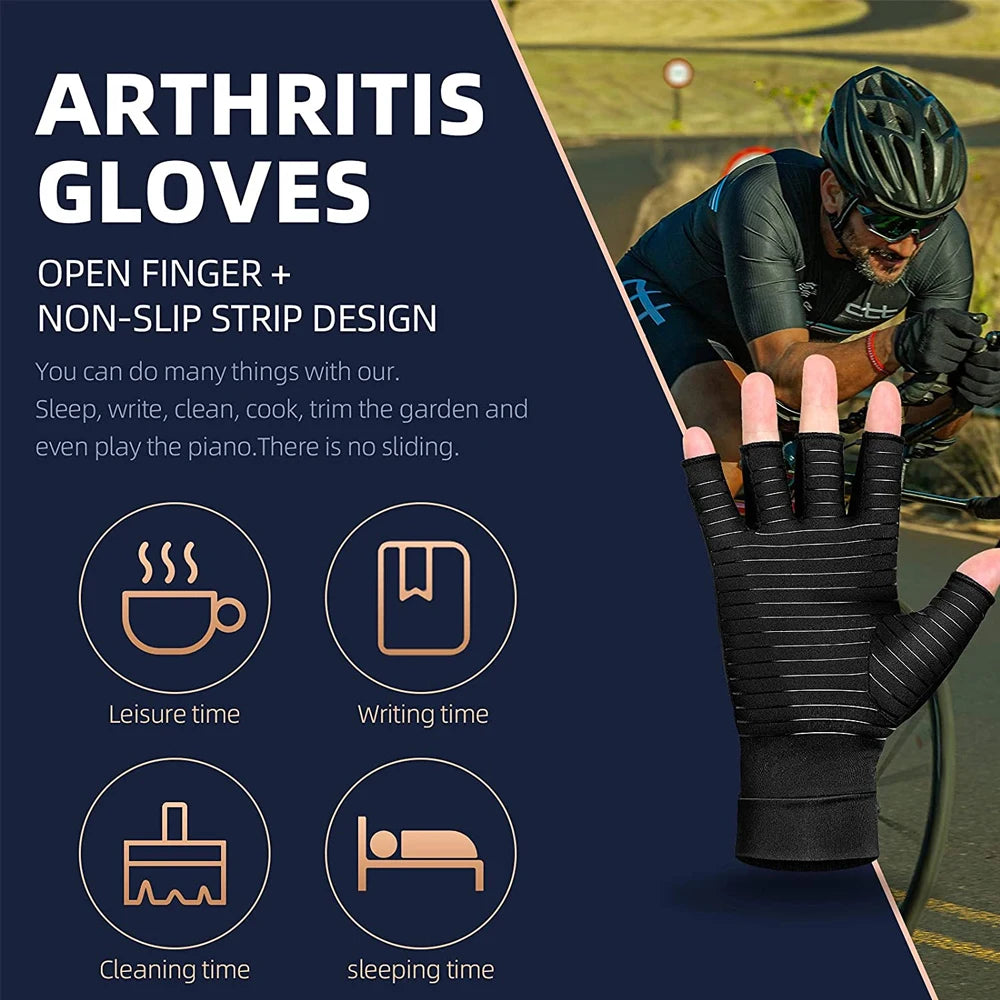 1Pair Copper Arthritis Compression Gloves,Relieve Hand Pain Swelling and Carpal Tunnel Fingerless for Typing, Support for Joints
