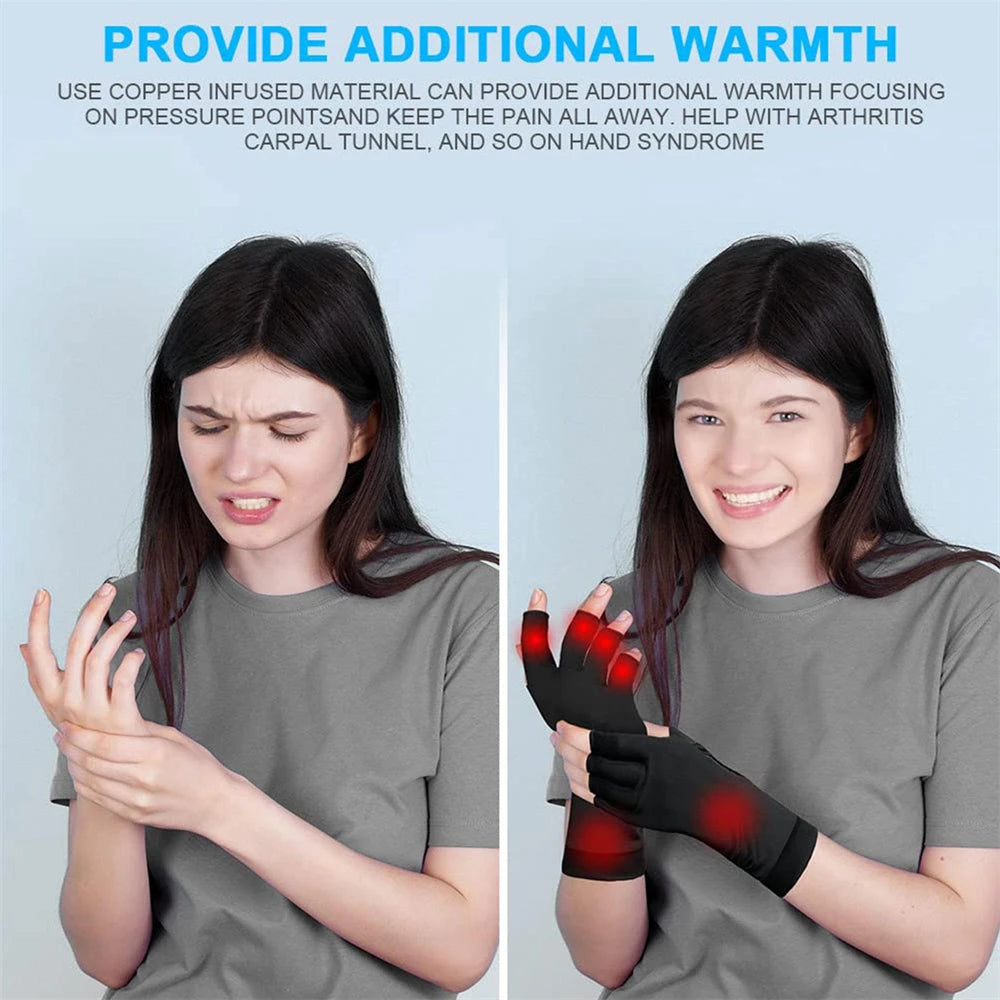 1Pair Copper Arthritis Compression Gloves,Relieve Hand Pain Swelling and Carpal Tunnel Fingerless for Typing, Support for Joints