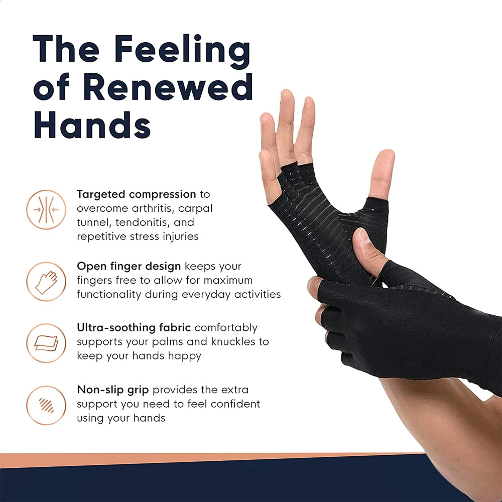 1Pair Copper Arthritis Compression Gloves,Relieve Hand Pain Swelling and Carpal Tunnel Fingerless for Typing, Support for Joints