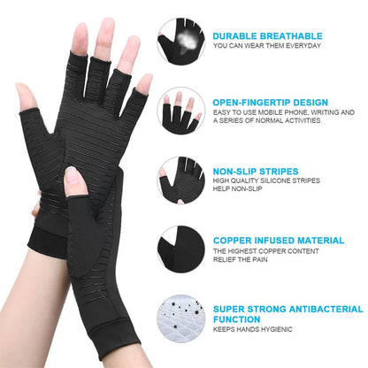 1Pair Copper Arthritis Compression Gloves,Relieve Hand Pain Swelling and Carpal Tunnel Fingerless for Typing, Support for Joints